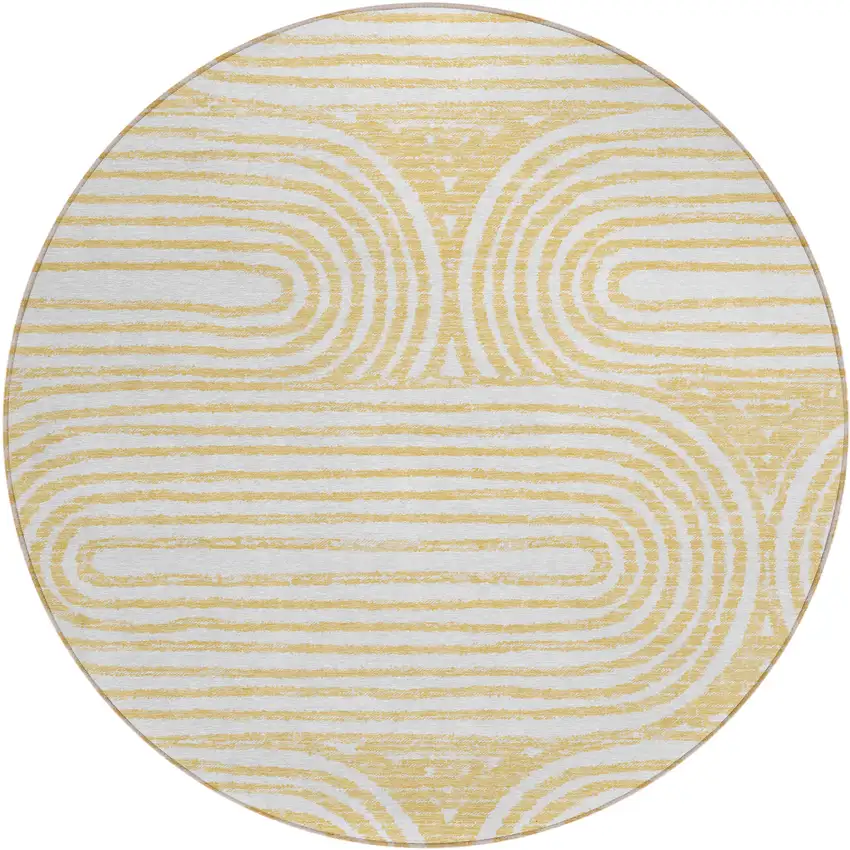 8' Round Gold and White Round Abstract Washable Non Skid Indoor Outdoor Area Rug Photo 2