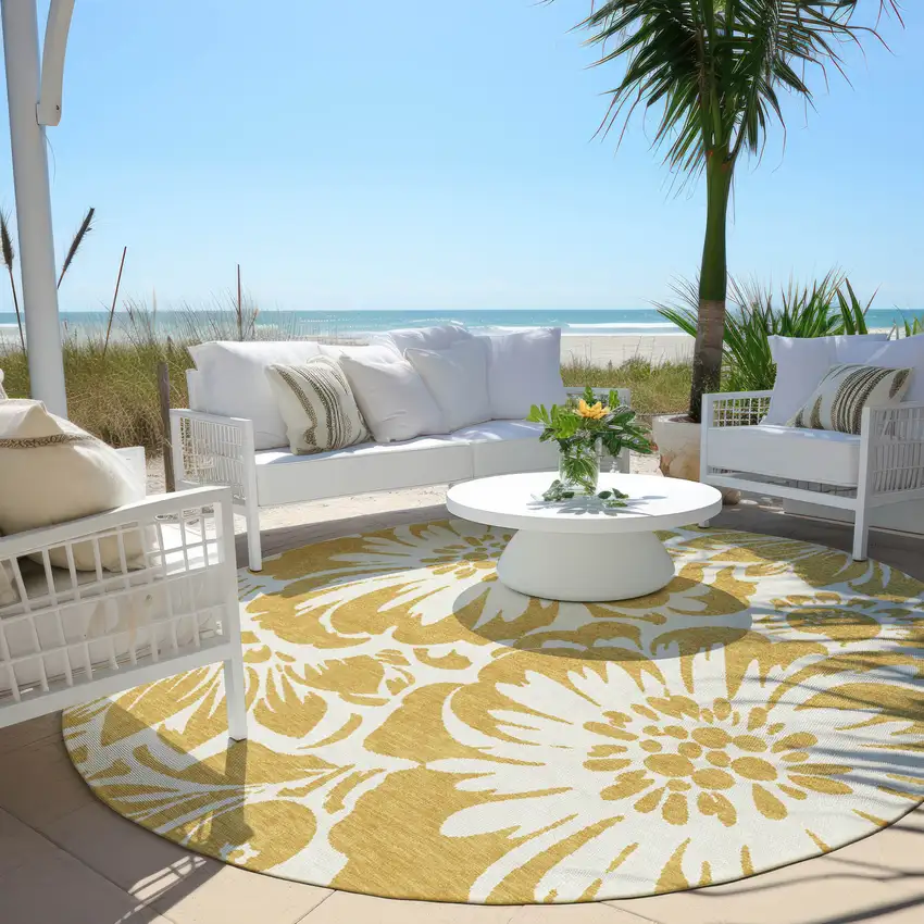 Gold and White Round Floral Washable Non Skid Indoor Outdoor Area Rug Photo 7
