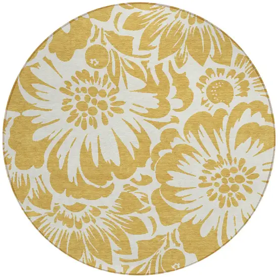 Gold and White Round Floral Washable Non Skid Indoor Outdoor Area Rug Photo 6