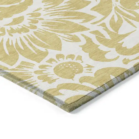 Gold and White Round Floral Washable Non Skid Indoor Outdoor Area Rug Photo 4