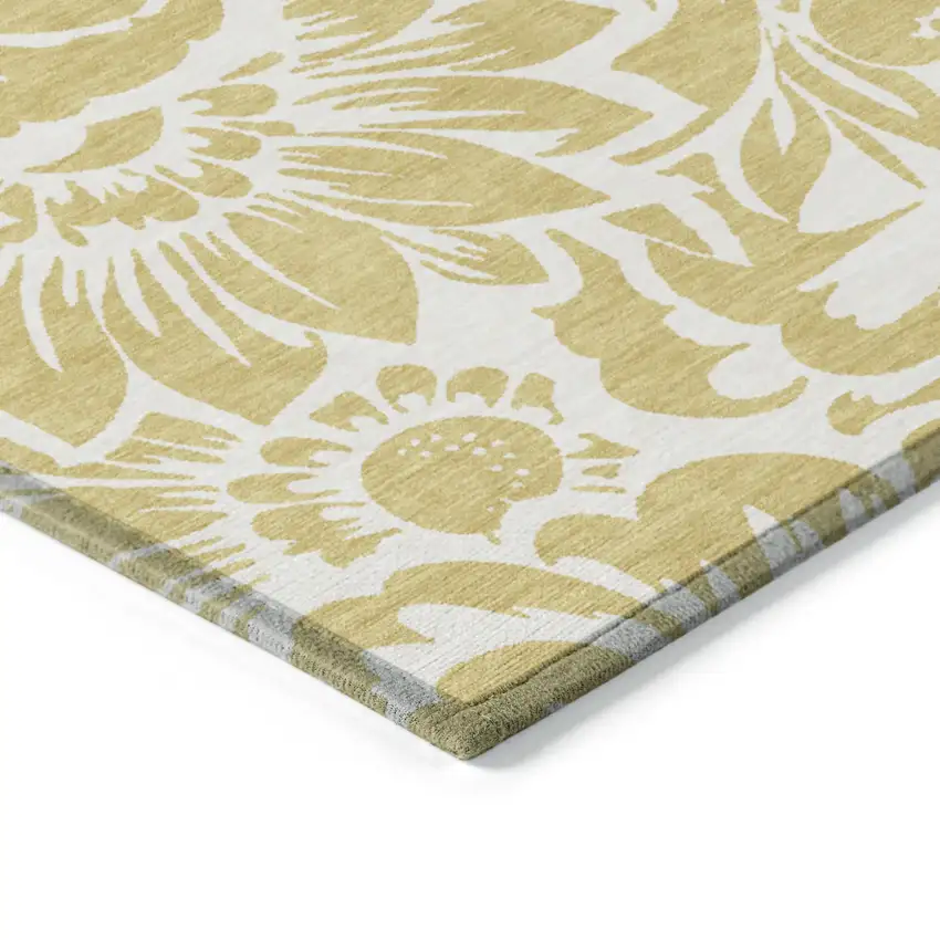 Gold and White Round Floral Washable Non Skid Indoor Outdoor Area Rug Photo 4