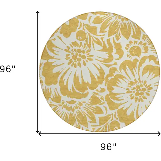Gold and White Round Floral Washable Non Skid Indoor Outdoor Area Rug Photo 9