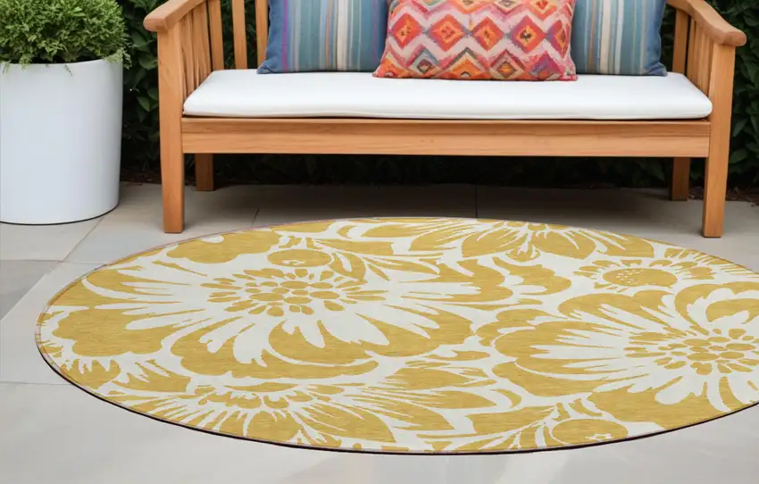 Gold and White Round Floral Washable Non Skid Indoor Outdoor Area Rug Photo 1