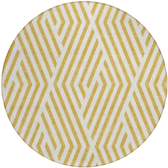 Gold and White Round Geometric Washable Non Skid Indoor Outdoor Area Rug Photo 2
