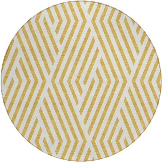 Gold and White Round Geometric Washable Non Skid Indoor Outdoor Area Rug Photo 2