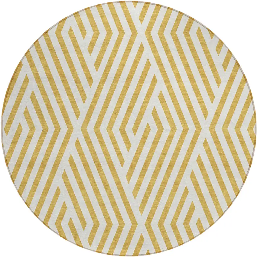 Gold and White Round Geometric Washable Non Skid Indoor Outdoor Area Rug Photo 2