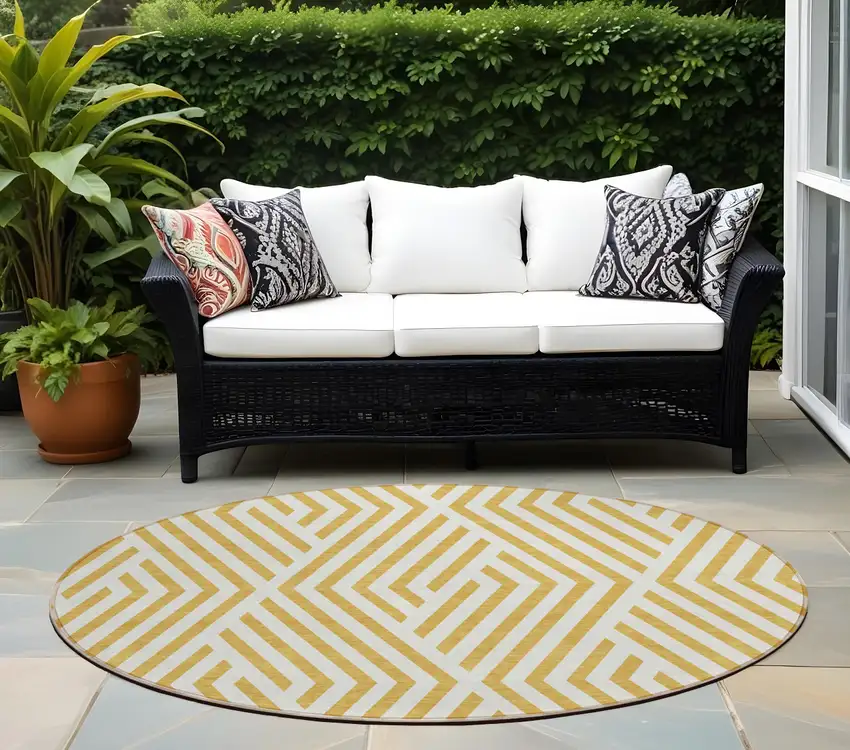 Gold and White Round Geometric Washable Non Skid Indoor Outdoor Area Rug Photo 1