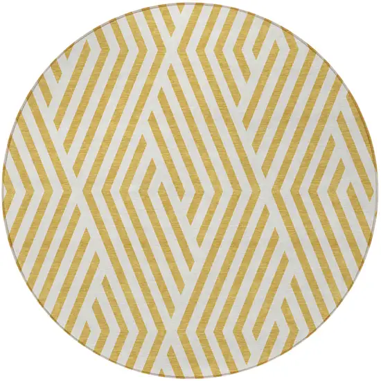 Gold and White Round Geometric Washable Non Skid Indoor Outdoor Area Rug Photo 4