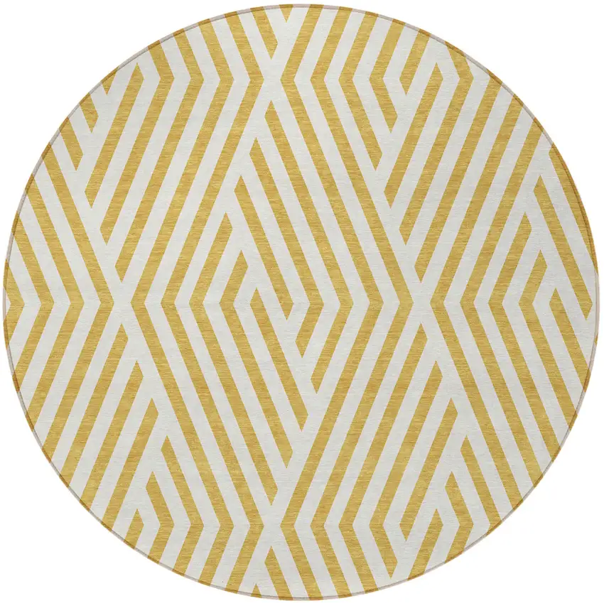 Gold and White Round Geometric Washable Non Skid Indoor Outdoor Area Rug Photo 4