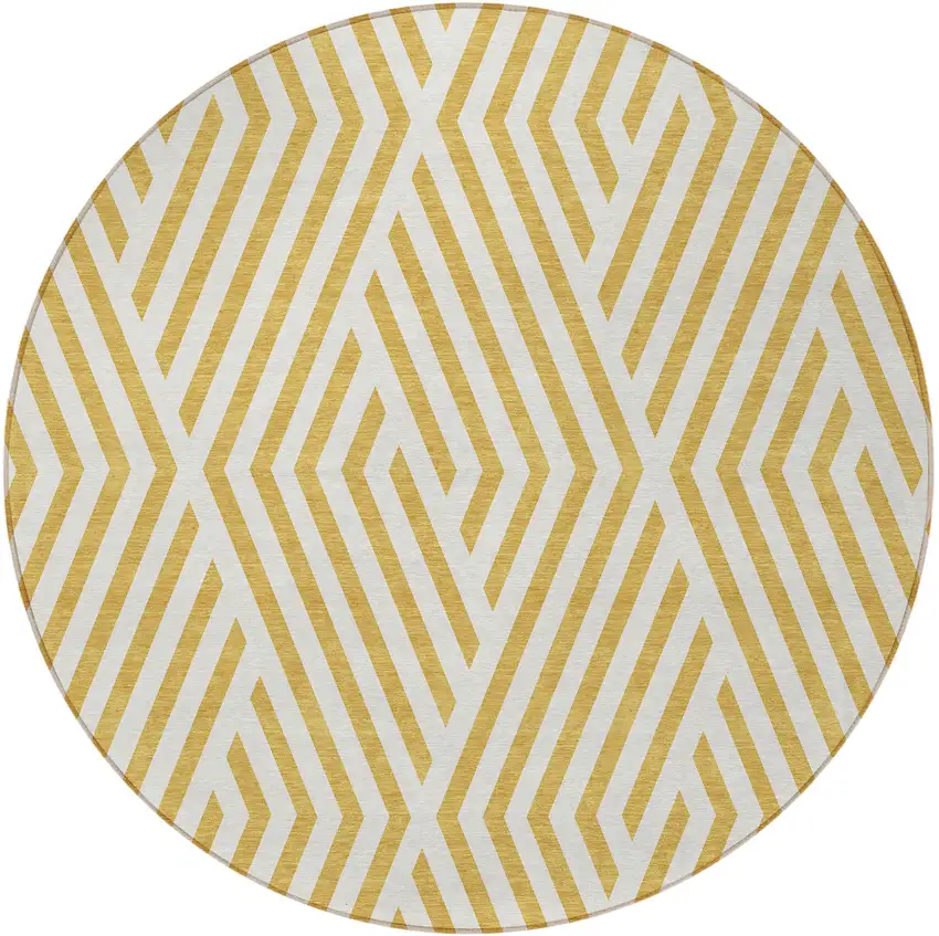 Gold and White Round Geometric Washable Non Skid Indoor Outdoor Area Rug Photo 4