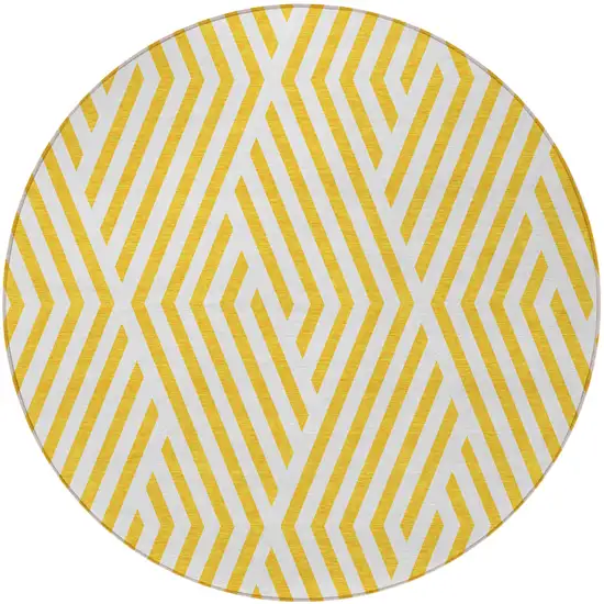 Gold and White Round Geometric Washable Non Skid Indoor Outdoor Area Rug Photo 4