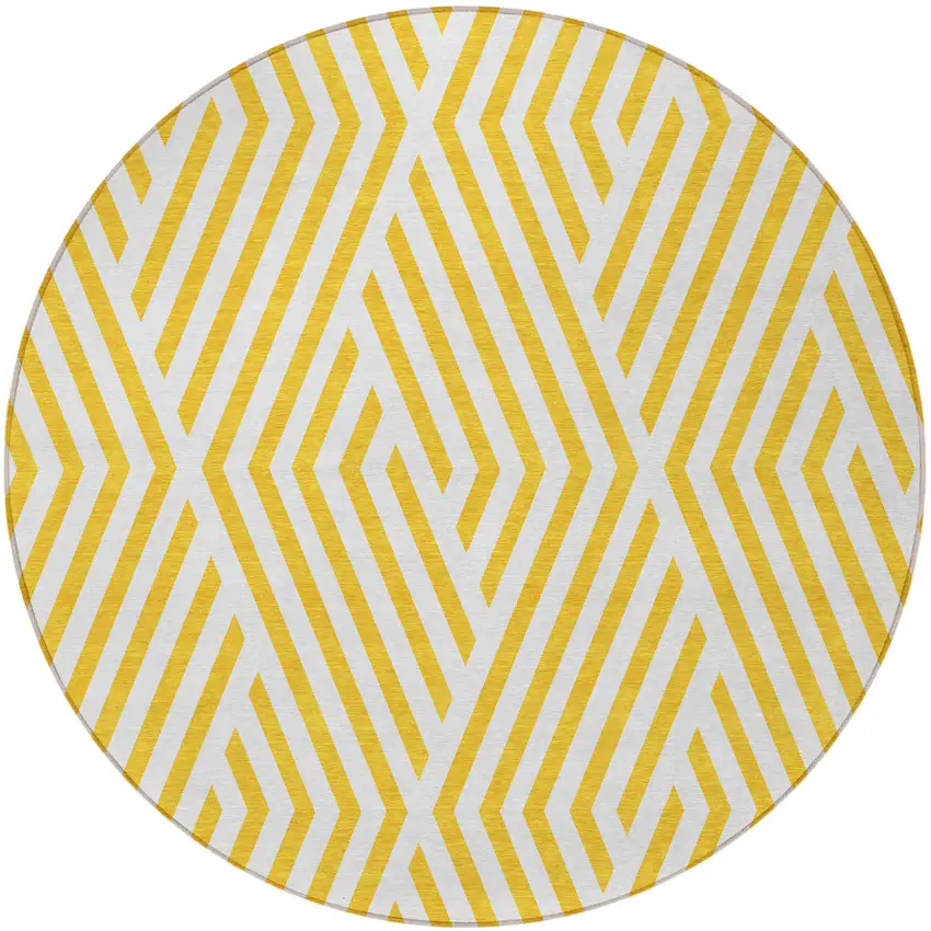 Gold and White Round Geometric Washable Non Skid Indoor Outdoor Area Rug Photo 4