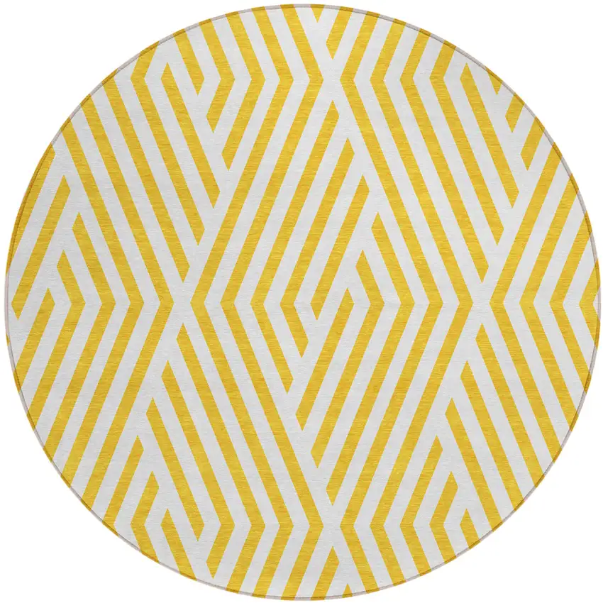 Gold and White Round Geometric Washable Non Skid Indoor Outdoor Area Rug Photo 2