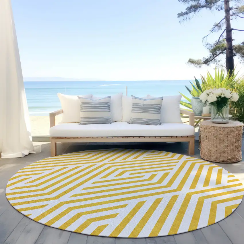 Gold and White Round Geometric Washable Non Skid Indoor Outdoor Area Rug Photo 8