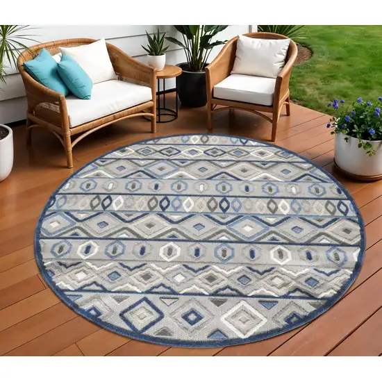 Blue And Gray Round Abstract Stain Resistant Indoor Outdoor Area Rug Photo 2