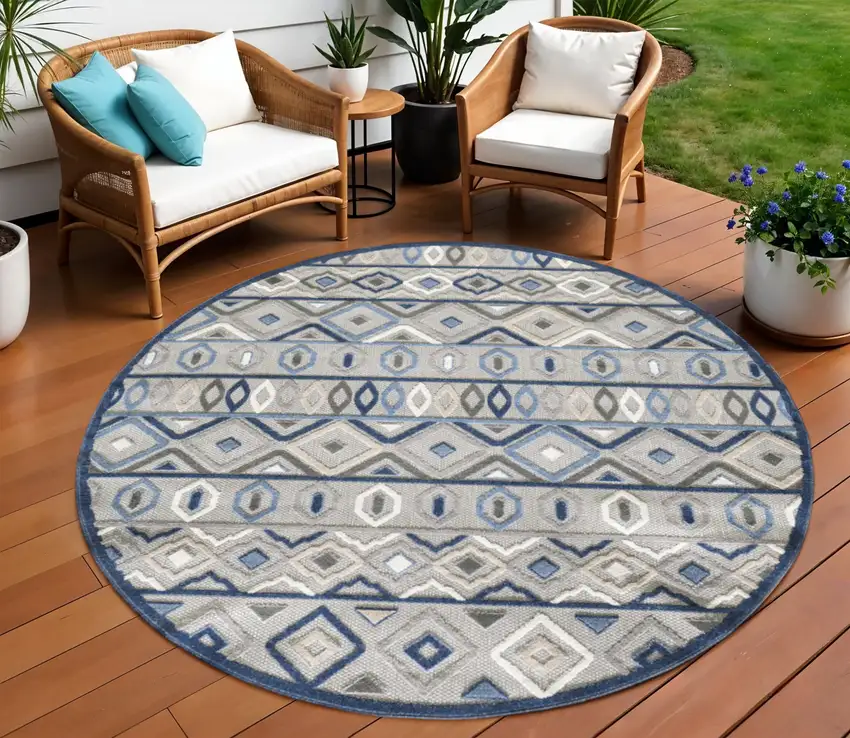 Blue And Gray Round Abstract Stain Resistant Indoor Outdoor Area Rug Photo 2