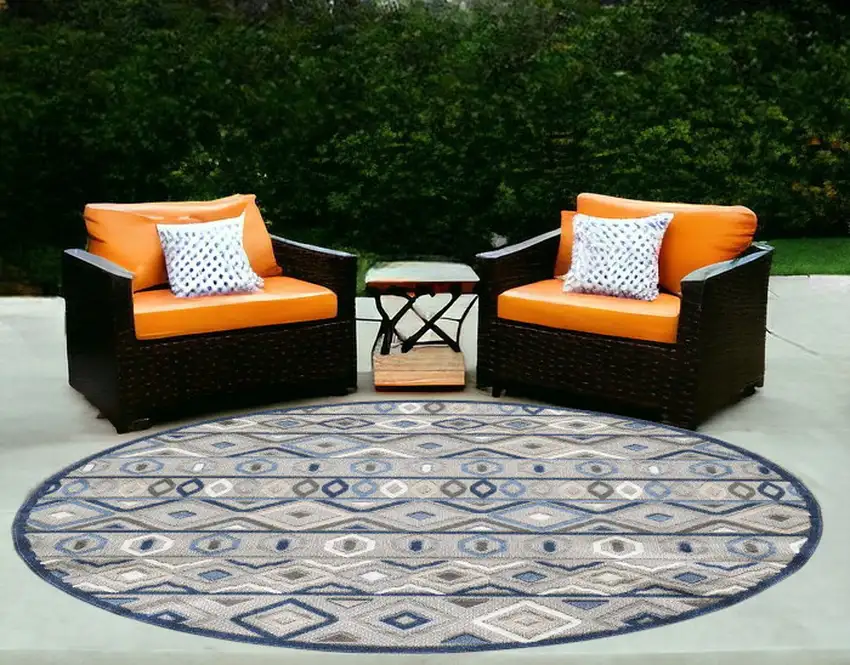 Blue And Gray Round Abstract Stain Resistant Indoor Outdoor Area Rug Photo 1