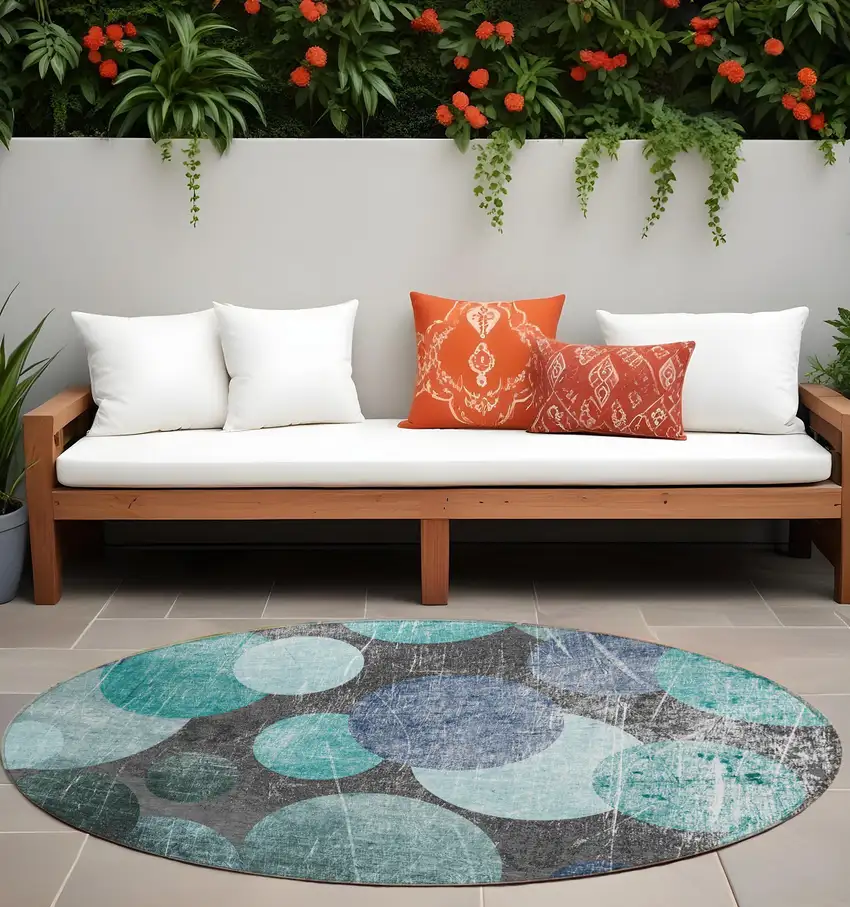 8' Round Gray Blue and Purple Round Abstract Washable Non Skid Indoor Outdoor Area Rug Photo 1
