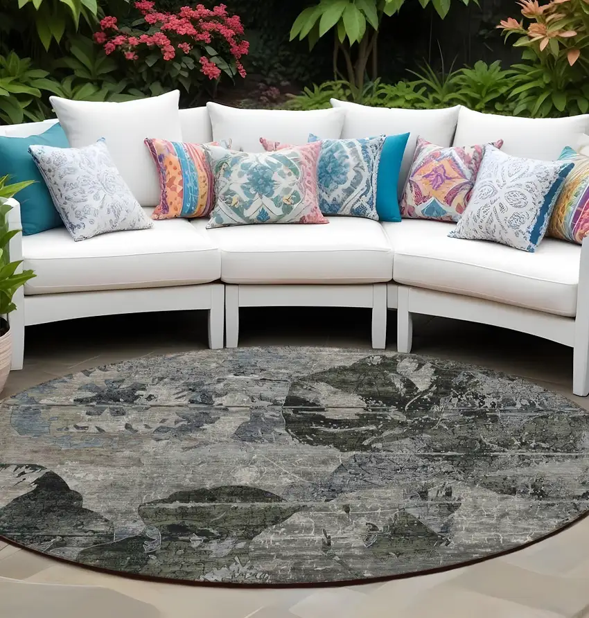 Gray Dark Green and Black Round Floral Washable Non Skid Indoor Outdoor Area Rug Photo 1