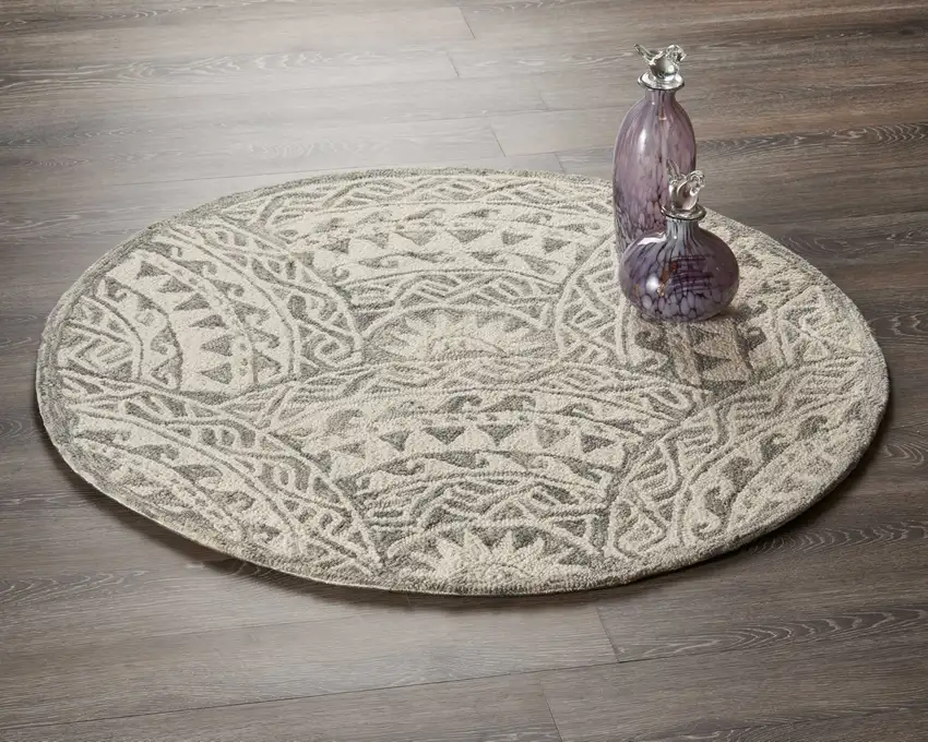 4' Round Gray Decorative Waves Area Rug Photo 8