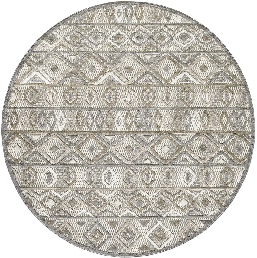8' Round Gray Ivory Aztec Pattern Indoor Outdoor Area Rug Photo 3