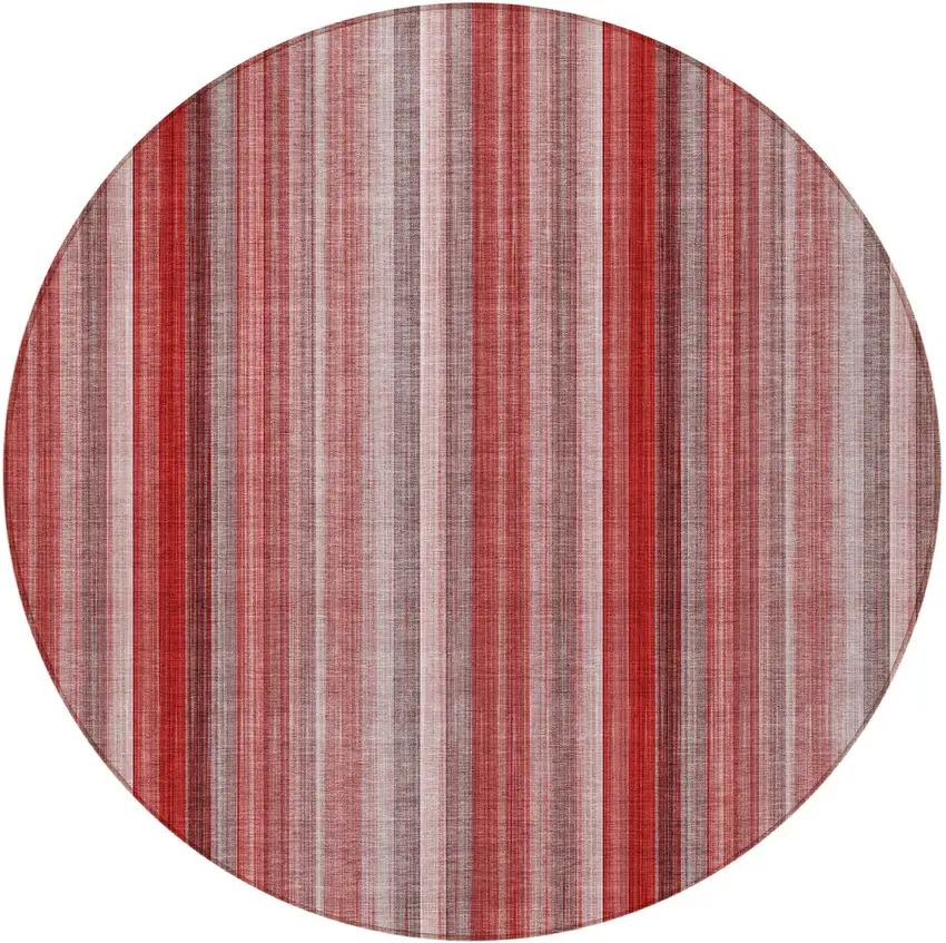 8' Round Gray Pink and Red Round Striped Washable Non Skid Indoor Outdoor Area Rug Photo 5