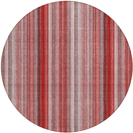 8' Round Gray Pink and Red Round Striped Washable Non Skid Indoor Outdoor Area Rug Photo 2