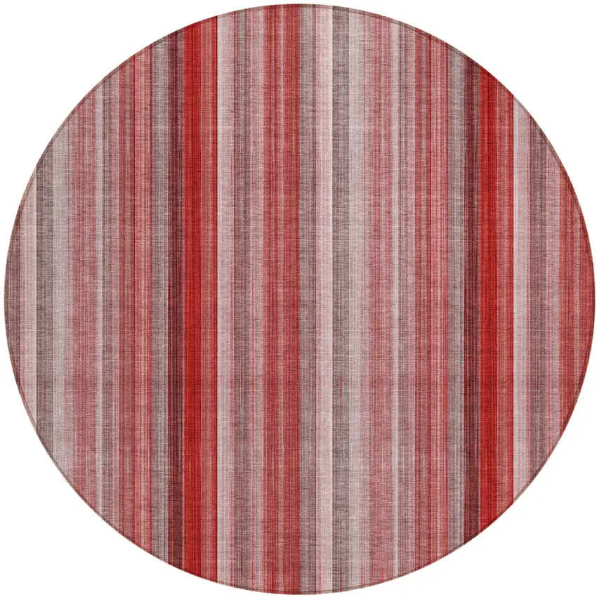 8' Round Gray Pink and Red Round Striped Washable Non Skid Indoor Outdoor Area Rug Photo 2