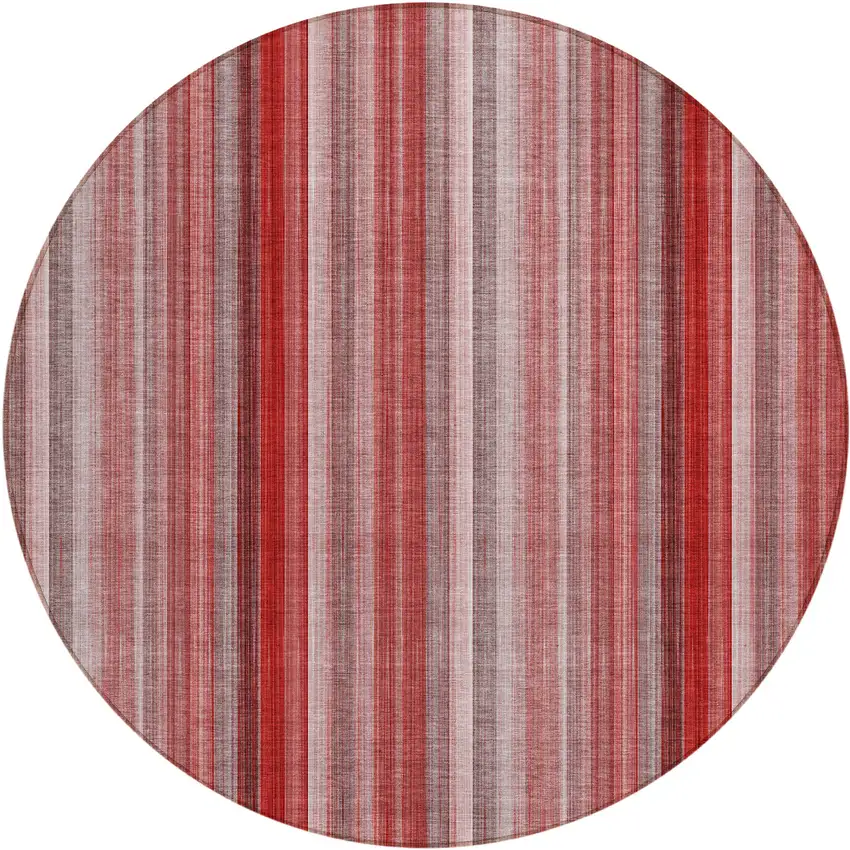 8' Round Gray Pink and Red Round Striped Washable Non Skid Indoor Outdoor Area Rug Photo 2