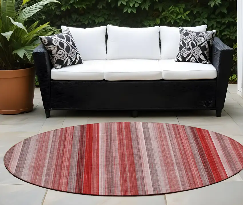 8' Round Gray Pink and Red Round Striped Washable Non Skid Indoor Outdoor Area Rug Photo 1