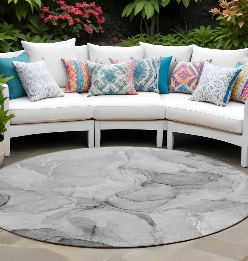 8' Round Gray Round Abstract Washable Non Skid Indoor Outdoor Area Rug Photo 1