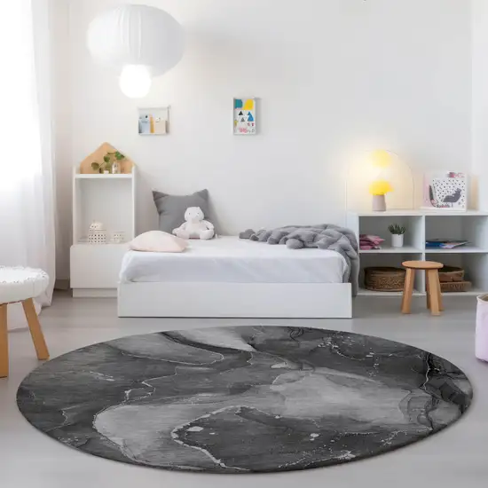 Gray Round Abstract Washable Non Skid Indoor Outdoor Area Rug Photo 9