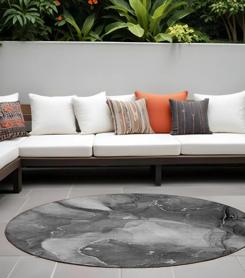 8' Round Gray Round Abstract Washable Non Skid Indoor Outdoor Area Rug Photo 1