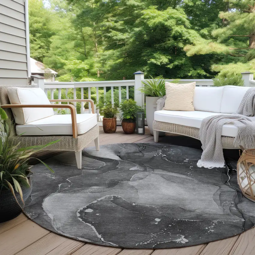 8' Round Gray Round Abstract Washable Non Skid Indoor Outdoor Area Rug Photo 8