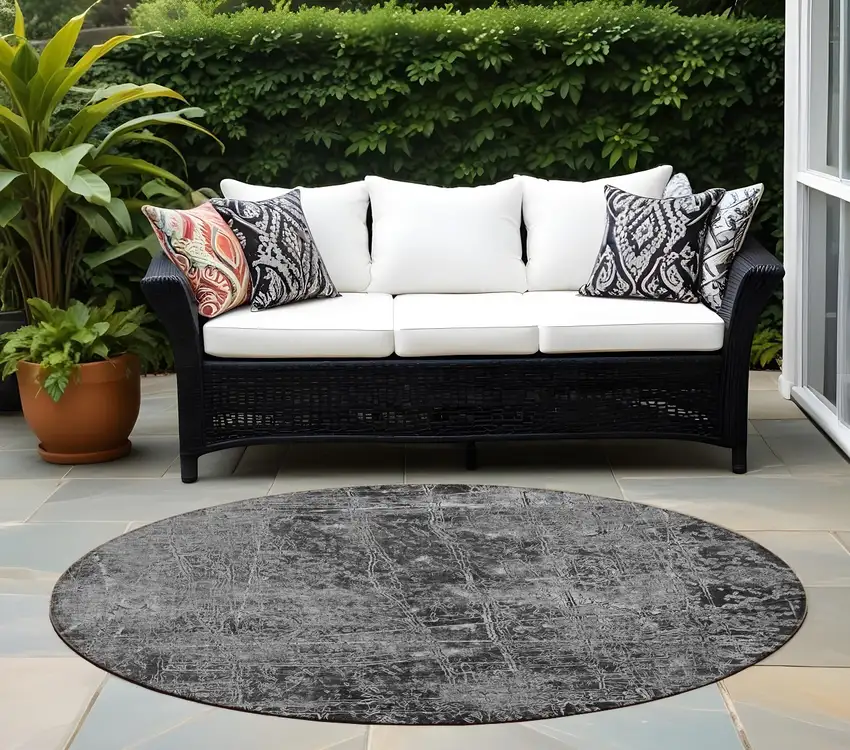 8' Round Gray Round Abstract Washable Non Skid Indoor Outdoor Area Rug Photo 1