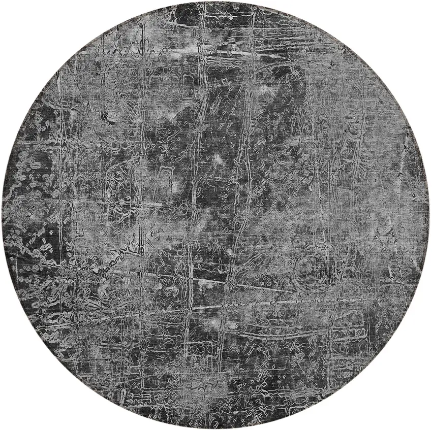 Gray Round Abstract Washable Non Skid Indoor Outdoor Area Rug Photo 4