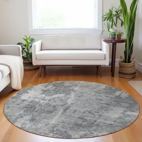 Gray Round Abstract Washable Non Skid Indoor Outdoor Area Rug Photo 9
