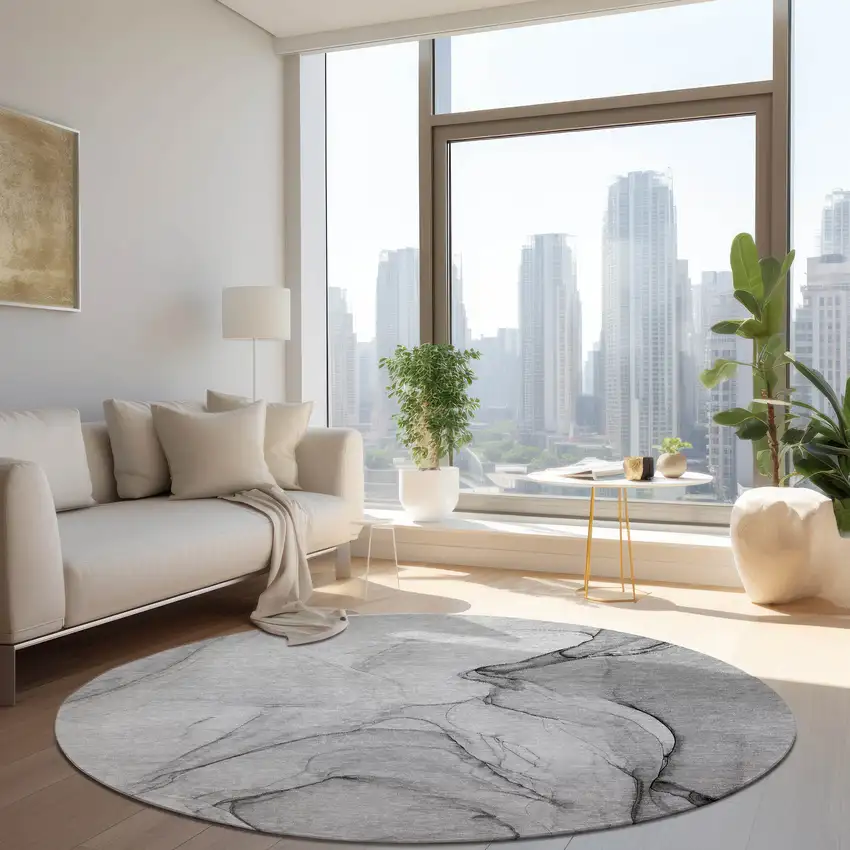 8' Round Gray Round Abstract Washable Non Skid Indoor Outdoor Area Rug Photo 9