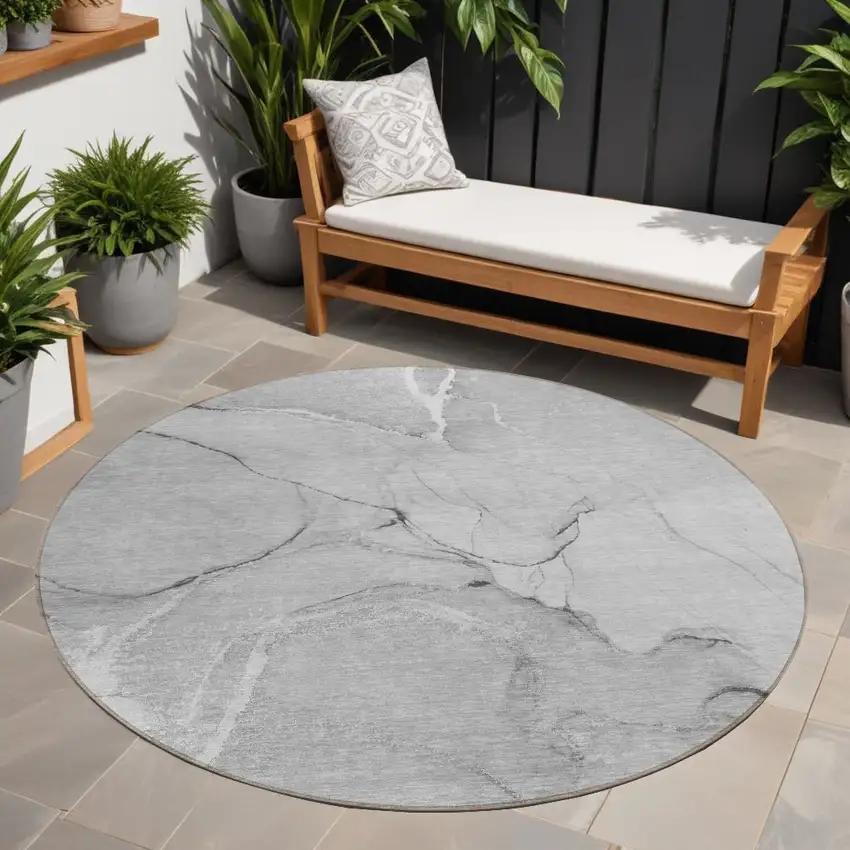 Gray Round Abstract Washable Non Skid Indoor Outdoor Area Rug Photo 1
