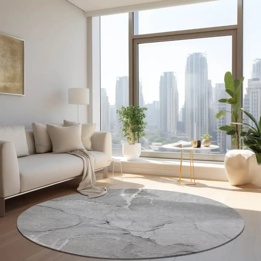 8' Round Gray Round Abstract Washable Non Skid Indoor Outdoor Area Rug Photo 9