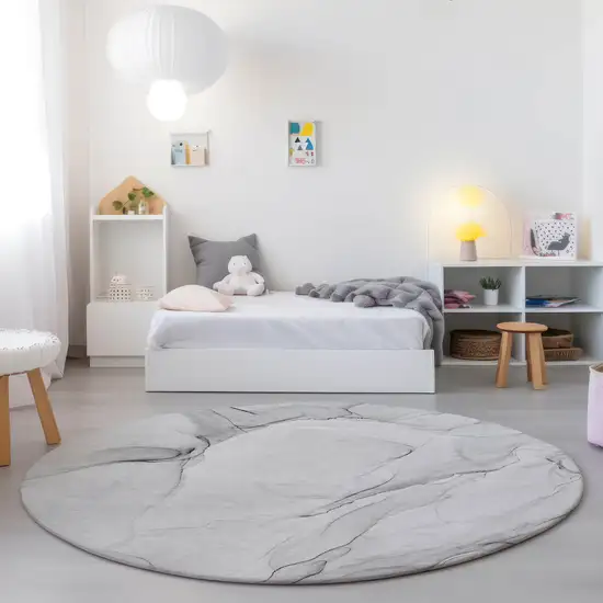 Gray Round Abstract Washable Non Skid Indoor Outdoor Area Rug Photo 9