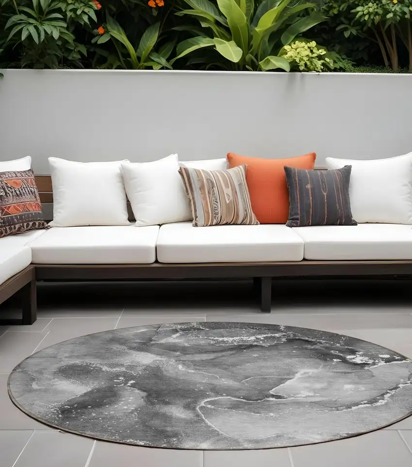 Gray Round Abstract Washable Non Skid Indoor Outdoor Area Rug Photo 1