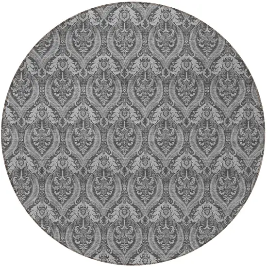 8' Round Gray Round Damask Washable Non Skid Indoor Outdoor Area Rug Photo 4