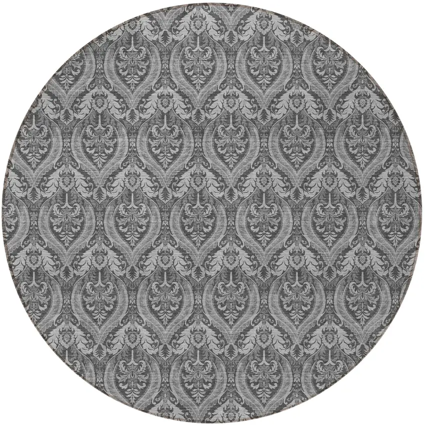 8' Round Gray Round Damask Washable Non Skid Indoor Outdoor Area Rug Photo 5