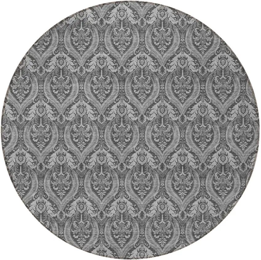 8' Round Gray Round Damask Washable Non Skid Indoor Outdoor Area Rug Photo 5