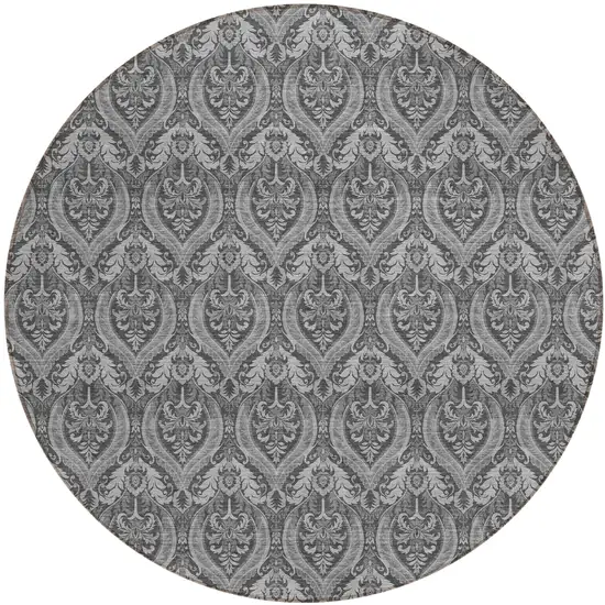 8' Round Gray Round Damask Washable Non Skid Indoor Outdoor Area Rug Photo 2