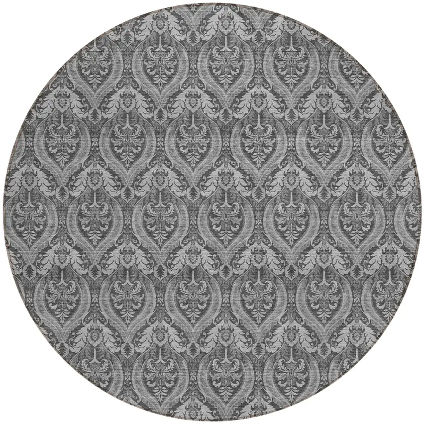 8' Round Gray Round Damask Washable Non Skid Indoor Outdoor Area Rug Photo 2