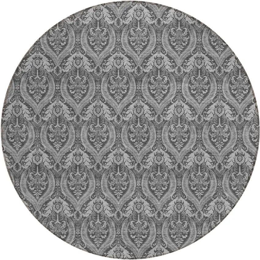 8' Round Gray Round Damask Washable Non Skid Indoor Outdoor Area Rug Photo 2