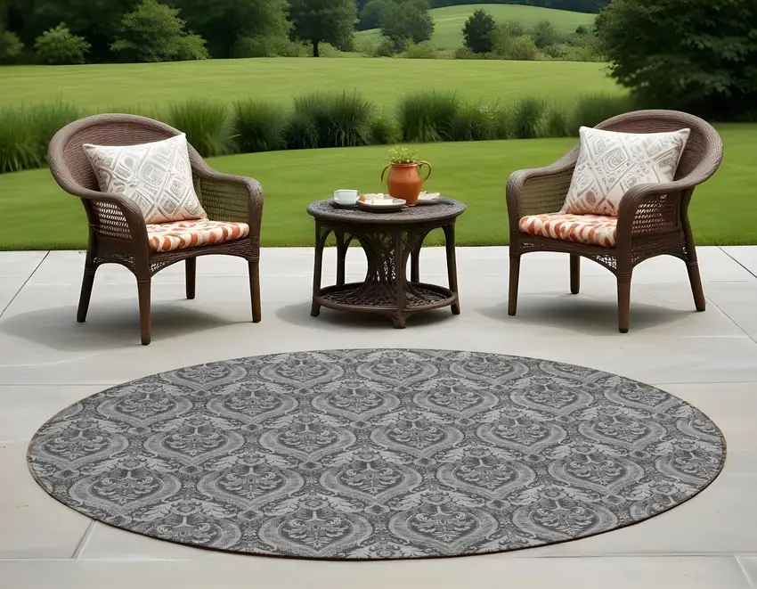 8' Round Gray Round Damask Washable Non Skid Indoor Outdoor Area Rug Photo 1