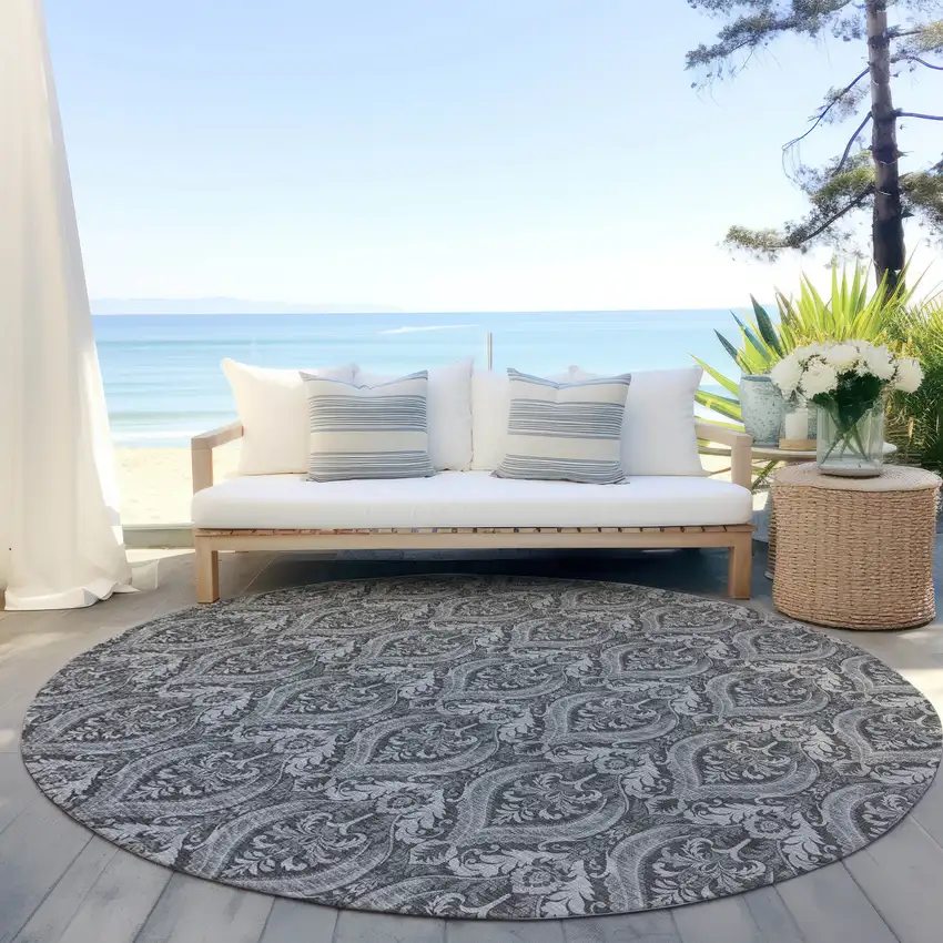 8' Round Gray Round Damask Washable Non Skid Indoor Outdoor Area Rug Photo 8